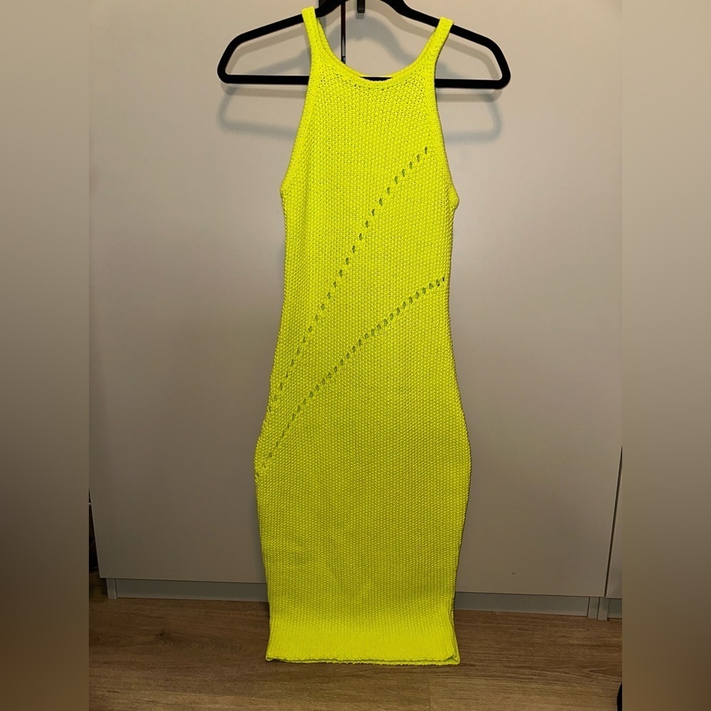 The Sei Neon Yellow Sleeveless Knit Crochet Dress Size XS